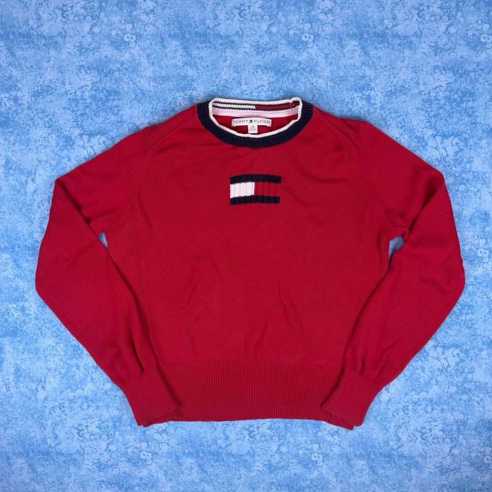 Vintage Tommy Hilfiger Y2K Big Flag Logo Crewneck Sweater Red Mens Large 2005